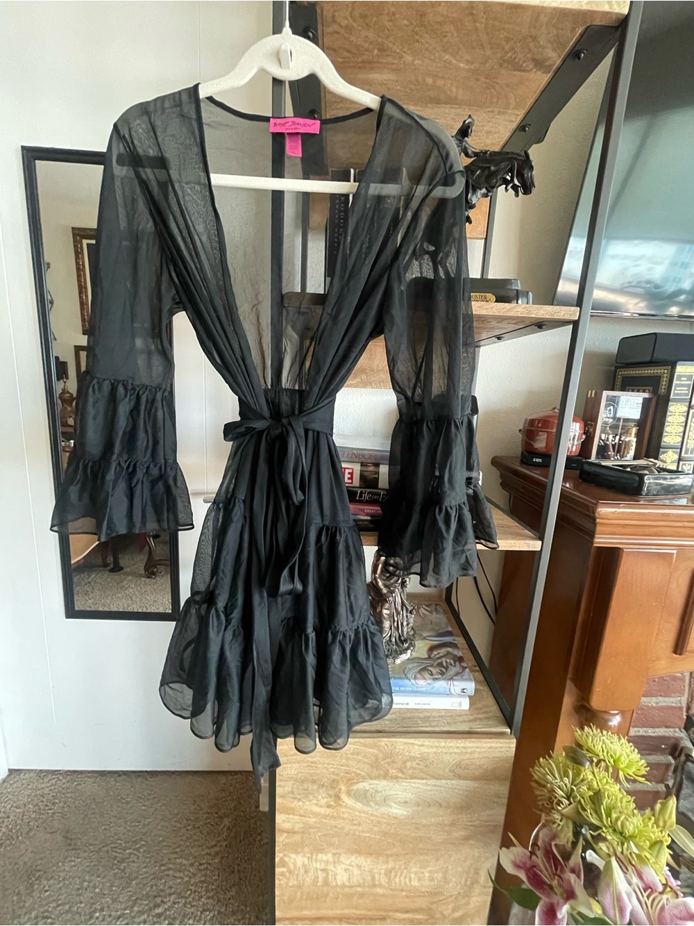 Betsey Johnson Black Sheer Ruffle-Tiered Wrap Dress